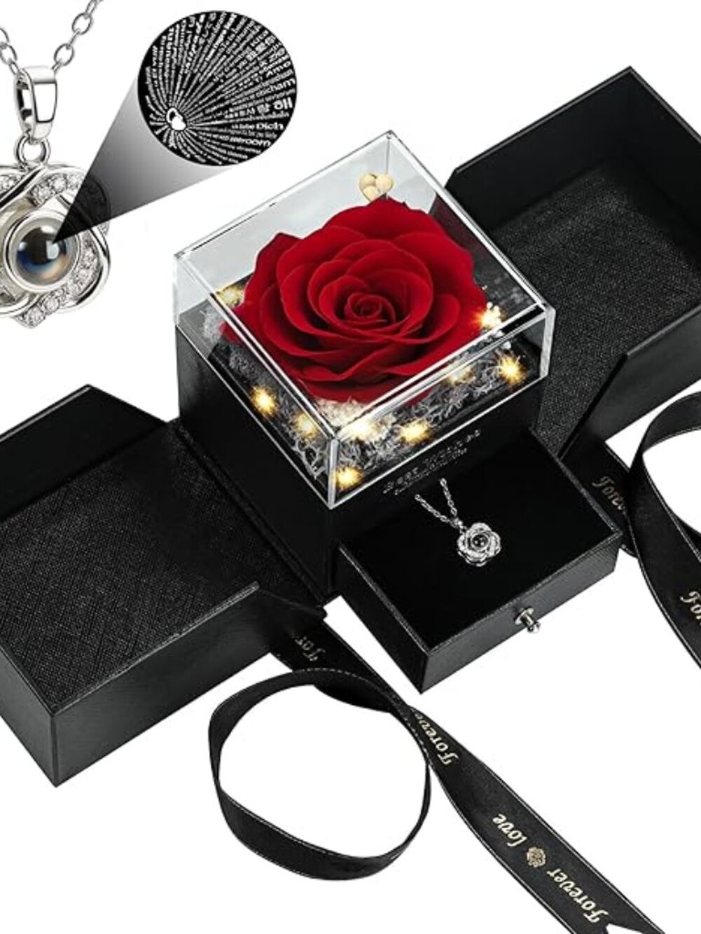 Preserved Real Red Rose with "I Love You" Necklace in 100 Languages
